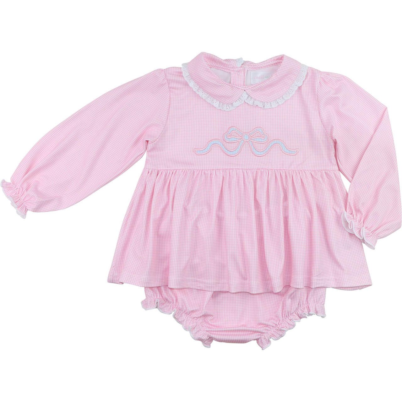 Pink Gingham Knit Applique Bow Diaper Set