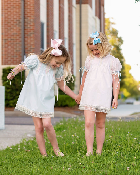 Blue And Pink Heirloom Satin Lace Dress