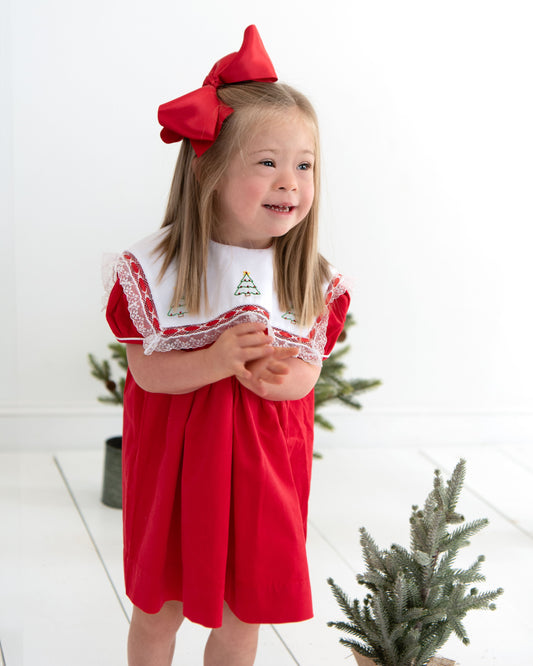 Red Corduroy Heirloom Embroidered Christmas Tree Dress