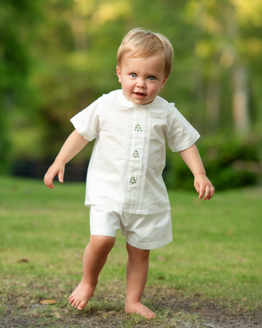 Embroidered Christmas Tree Heirloom Short Set