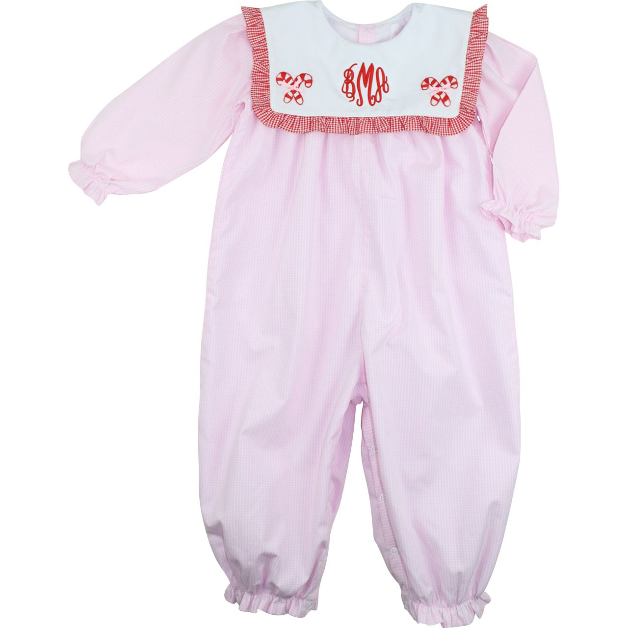 Pink Gingham Embroidered Candy Cane Long Bubble