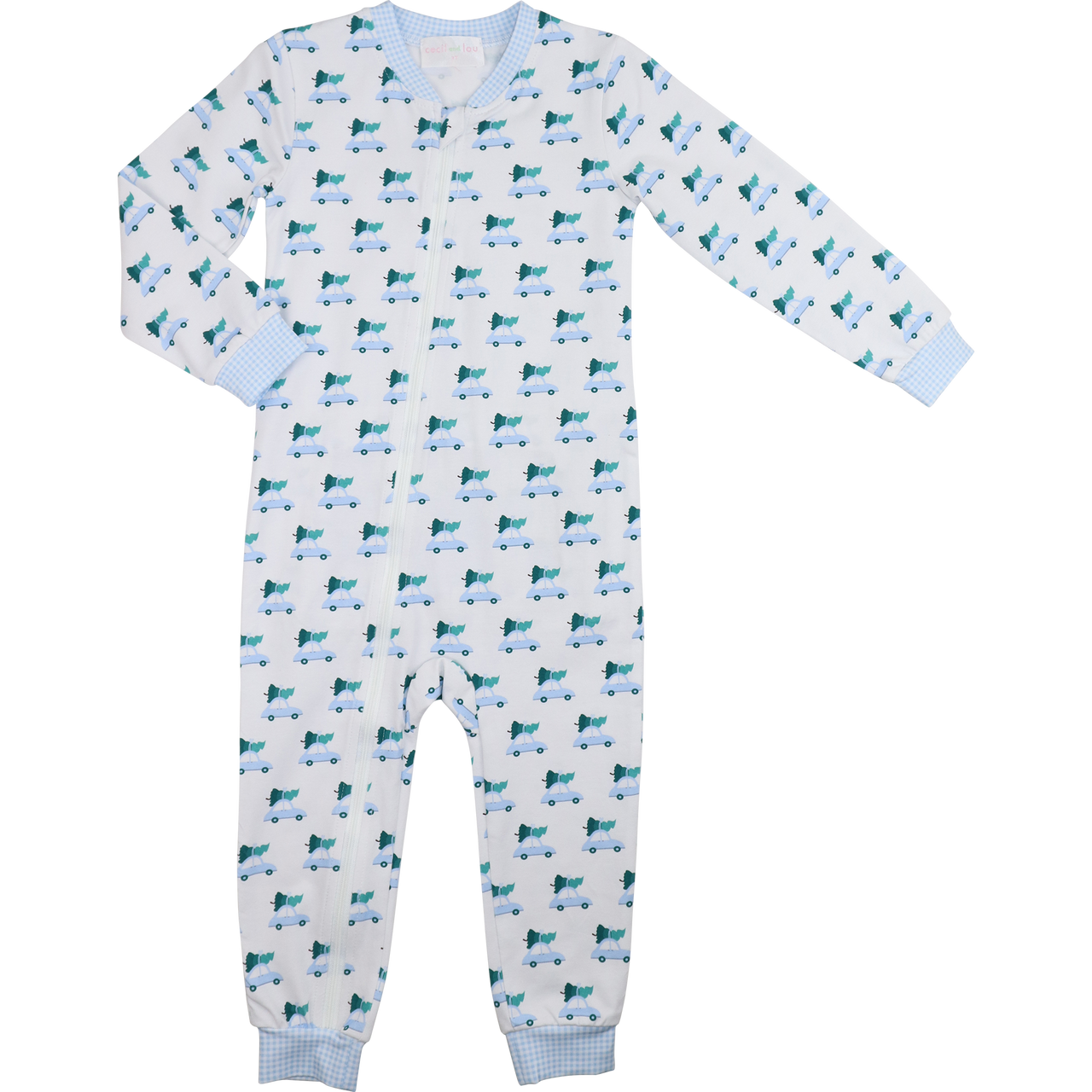 Blue Knit Christmas Car Print Zipper Pajamas
