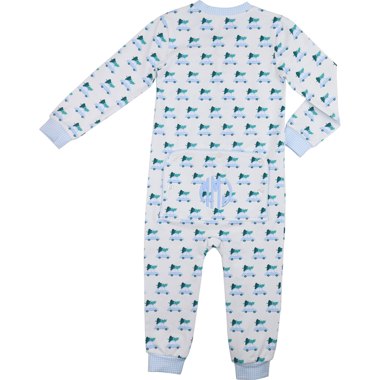 Blue Knit Christmas Car Print Zipper Pajamas