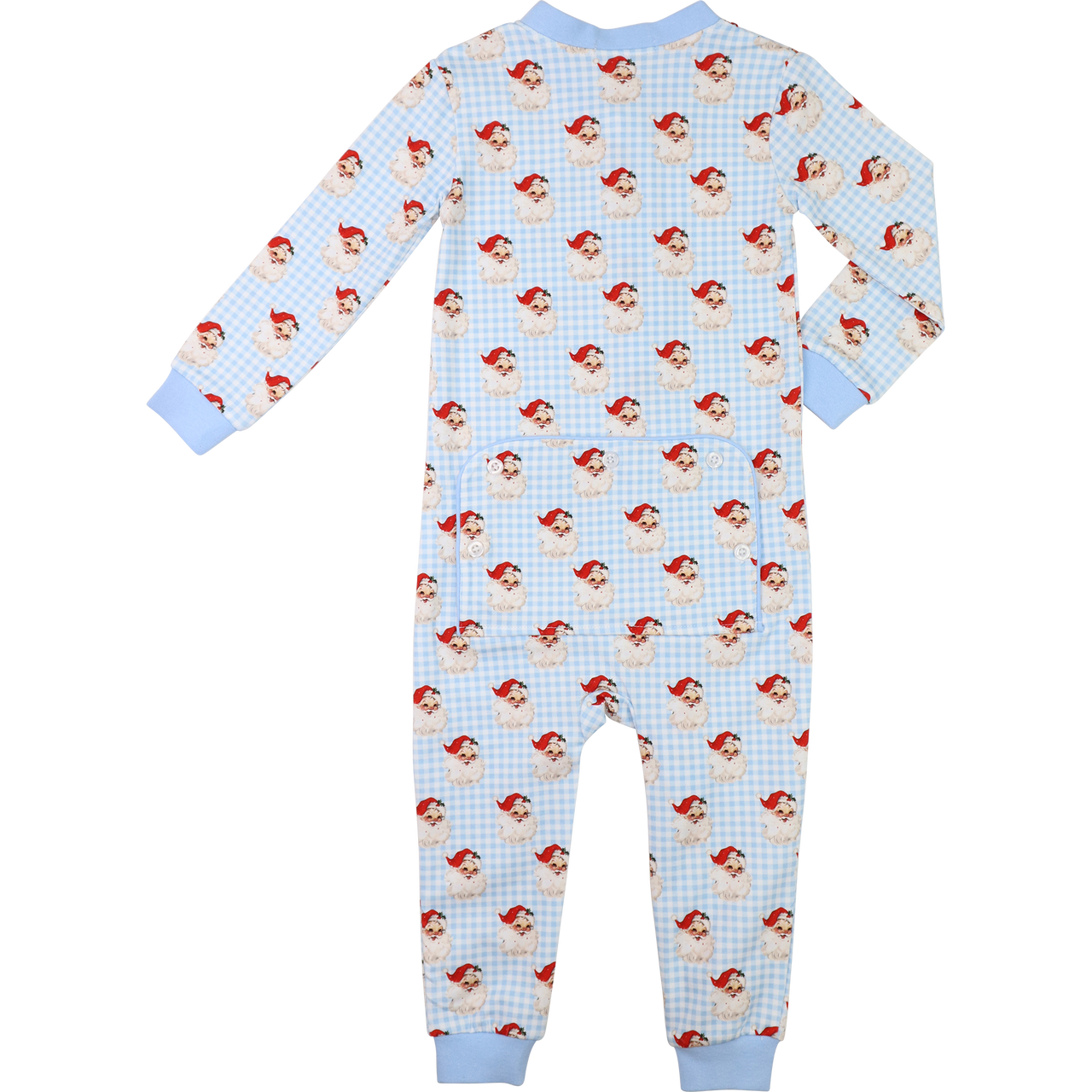 Blue Knit Gingham Santa Face Zipper Pajamas
