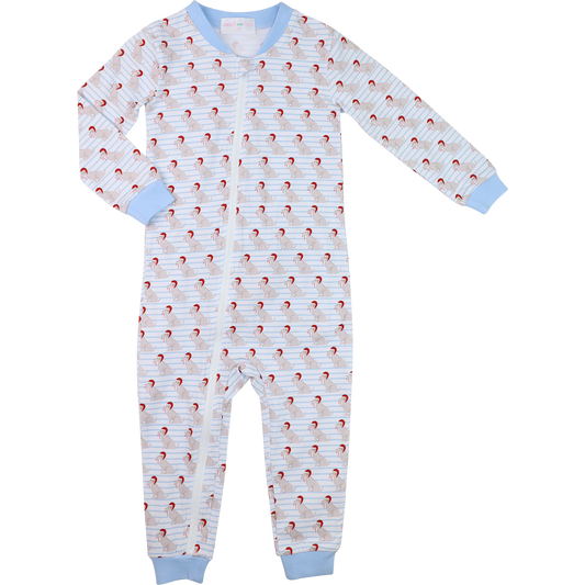 Blue Knit Stripe Holiday Puppy Zipper Pajamas