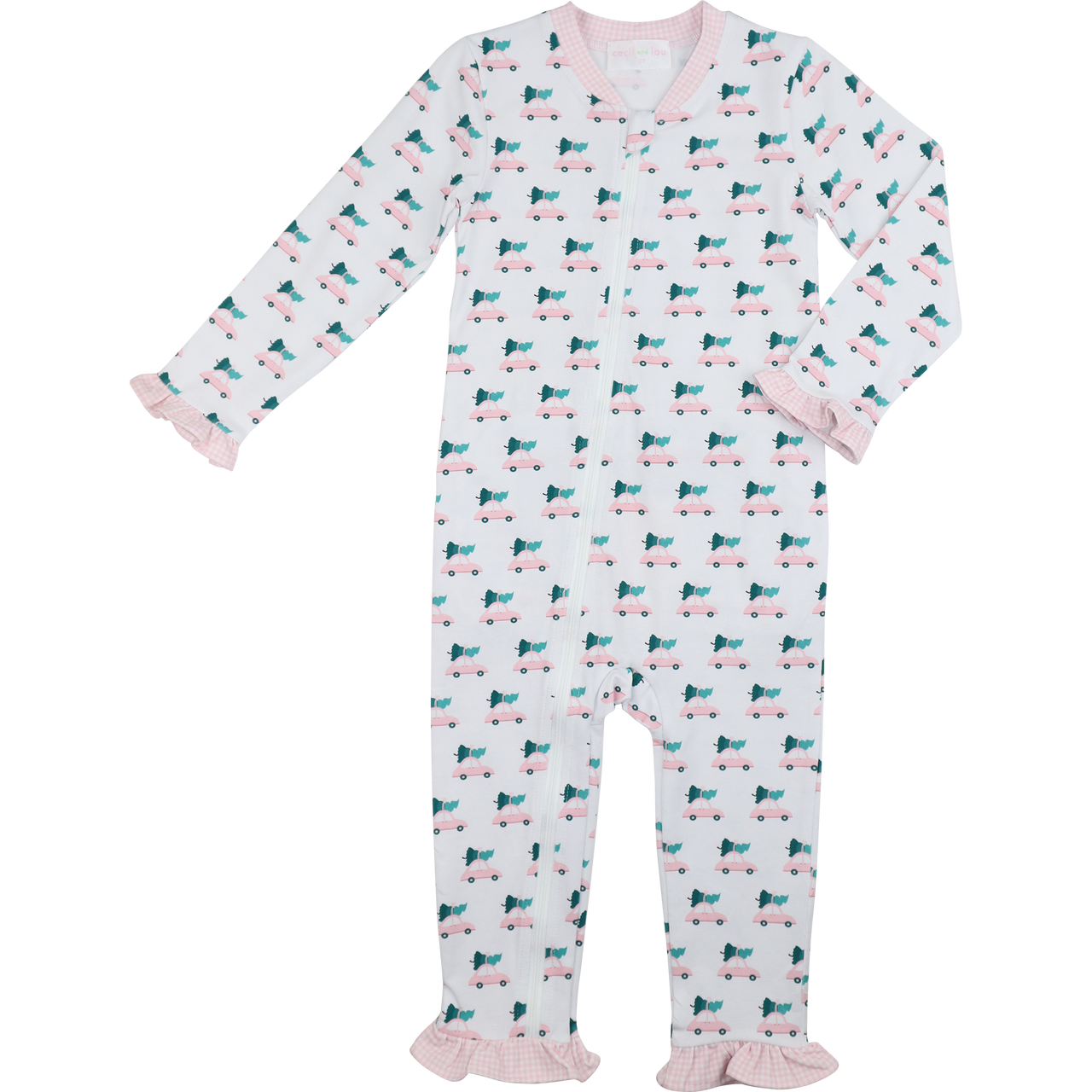 Pink Knit Christmas Car Print Zipper Pajamas