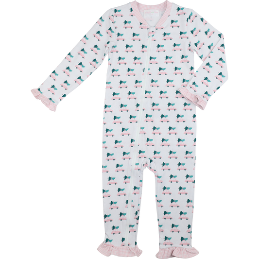 Pink Knit Christmas Car Print Zipper Pajamas