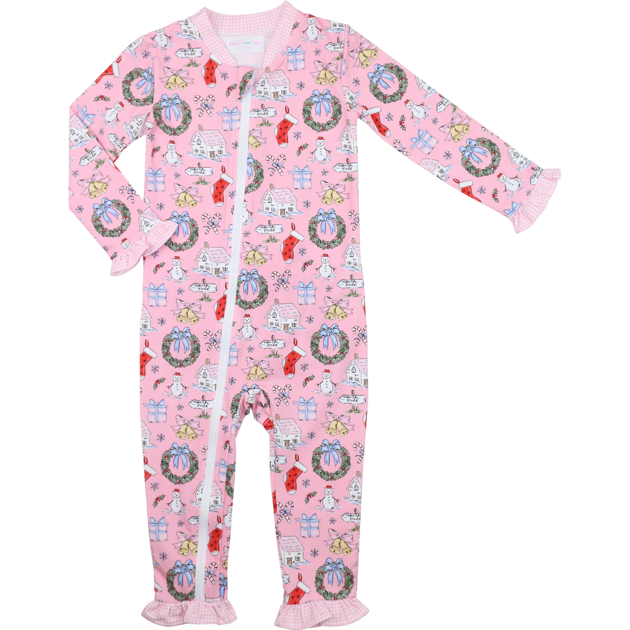 Pink Knit Christmas Print Zipper Pajamas