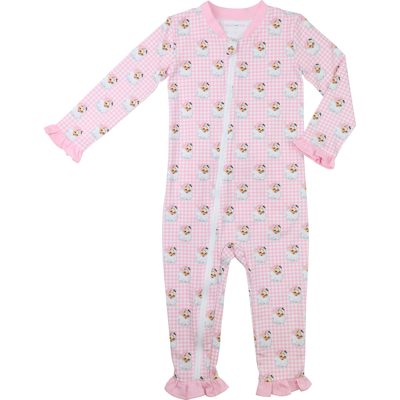 Pink Gingham Knit Santa Zipper Pajamas
