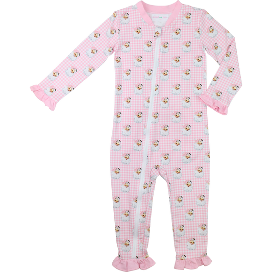 Pink Gingham Knit Santa Zipper Pajamas
