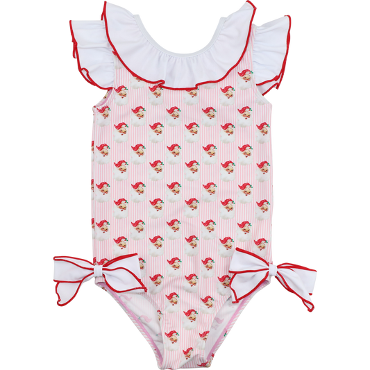 Pink Stripe Santa Print Lycra Swimsuit
