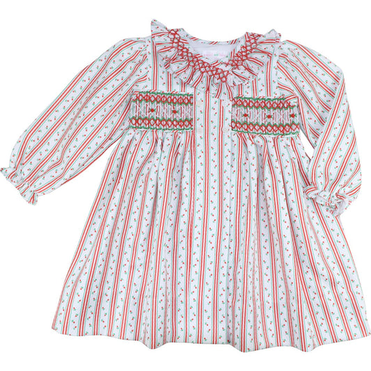 Red And Green Rosebud Smocked Rosette Dress