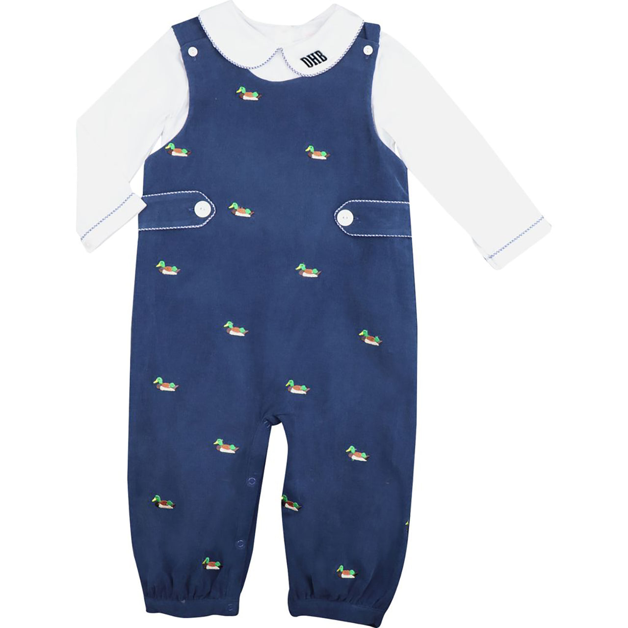 Navy Corduroy Embroidered Mallards Long Romper Set