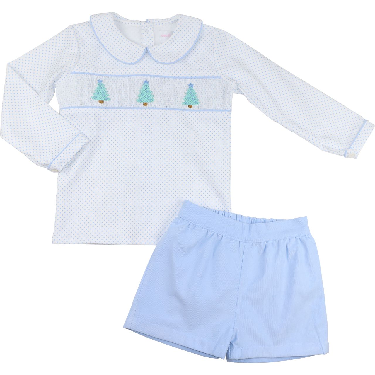 Blue Dot Corduroy Smocked Christmas Tree Short Set