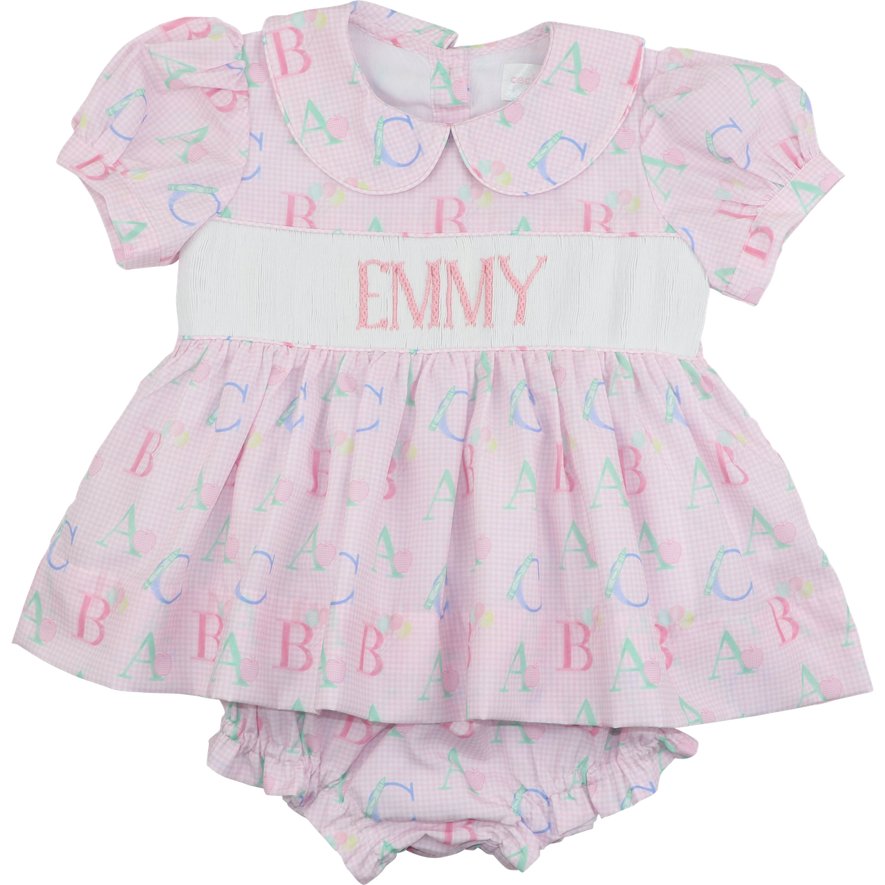 Pink Custom Smocked Alphabet Diaper Set