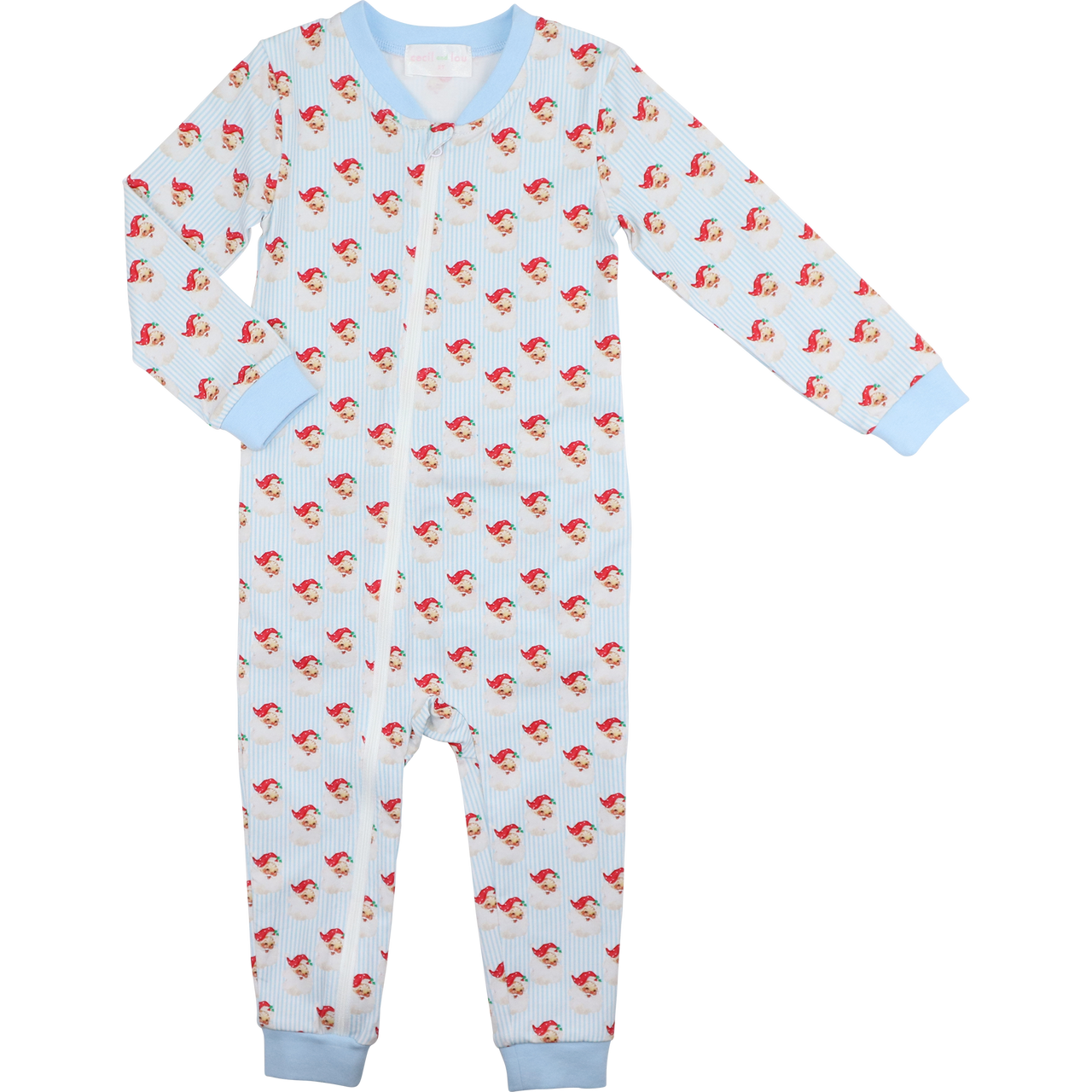Blue And Red Gingham Knit Santa Zipper Pajamas
