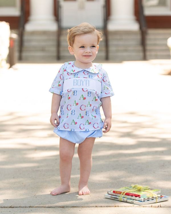 Blue Gingham Custom Smocked Alphabet Diaper Set
