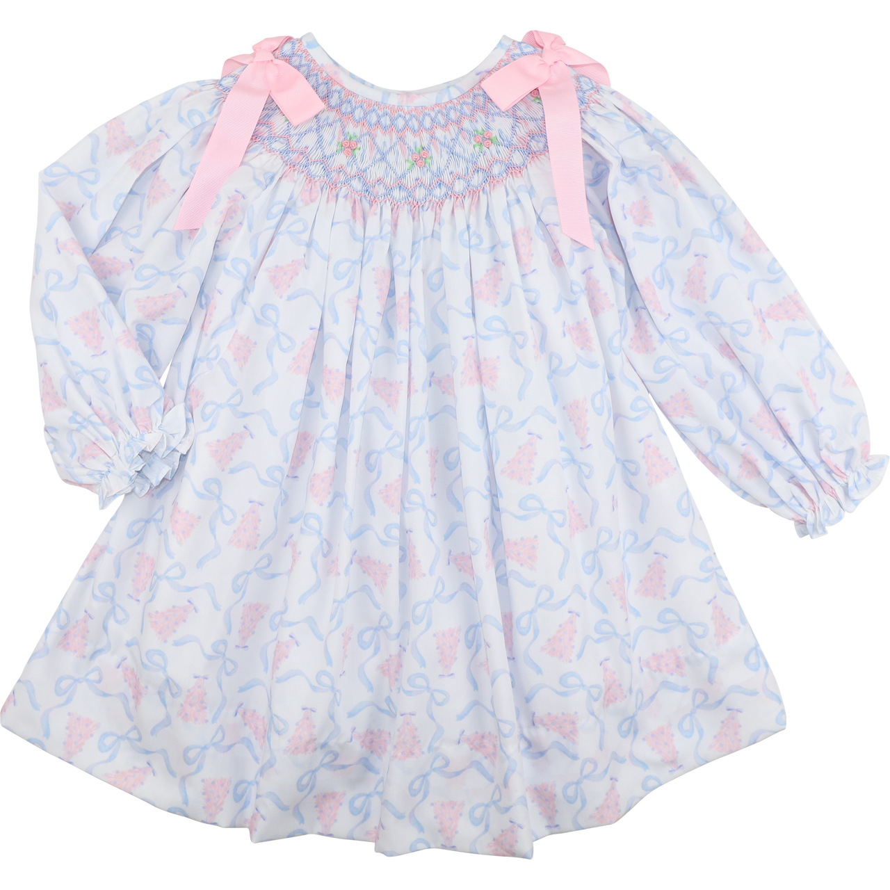 Pink And Blue Smocked Christmas Tree And Bow Dress