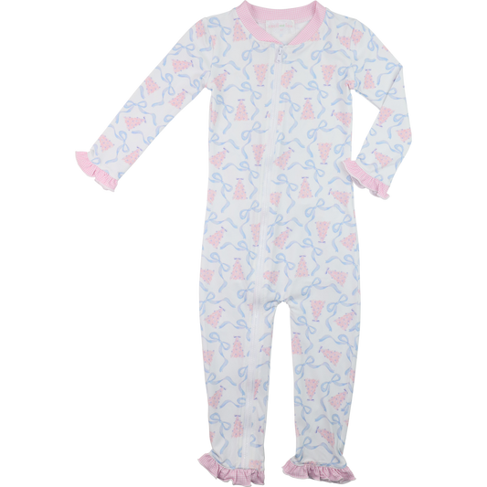 Pink And Blue Knit Christmas Tree And Ribbon Zipper Pajamas