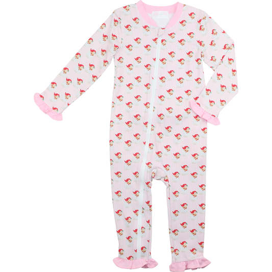 Pink And Red Gingham Knit Santa Face Zipper Pajamas