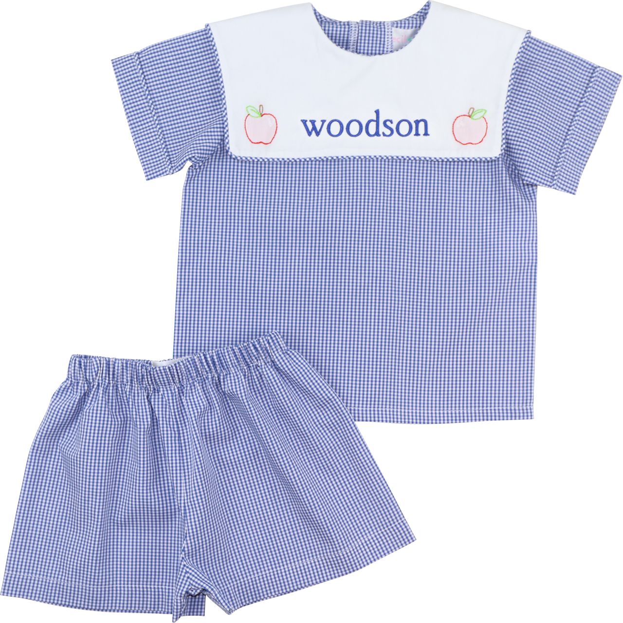 Navy Gingham Shadow Embroidered Apple Short Set