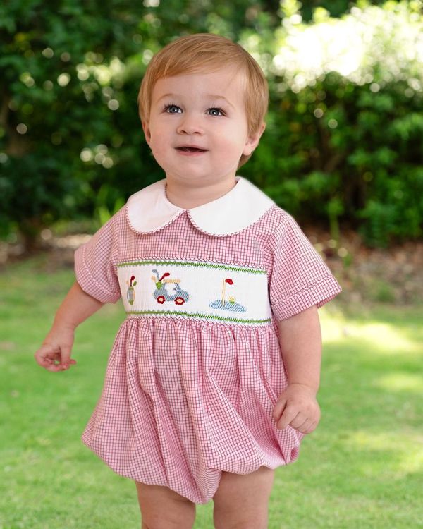 Red Gingham Smocked Golf Bubble