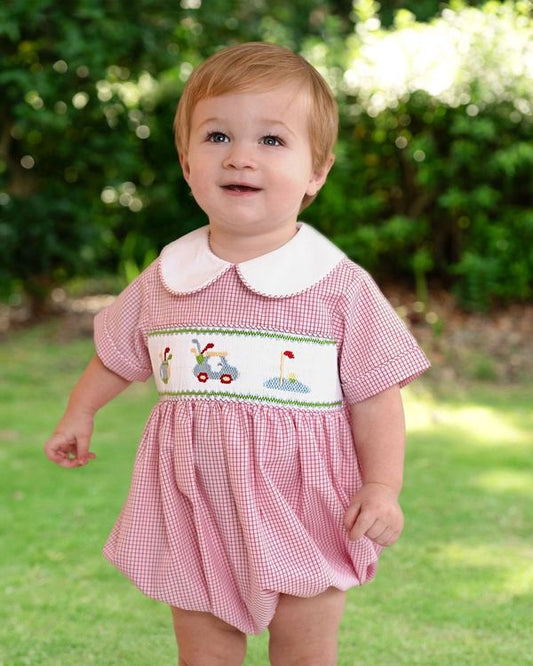 Red Gingham Smocked Golf Bubble