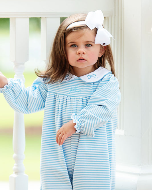 Blue Striped Knit Embroidered Bow Long Bubble