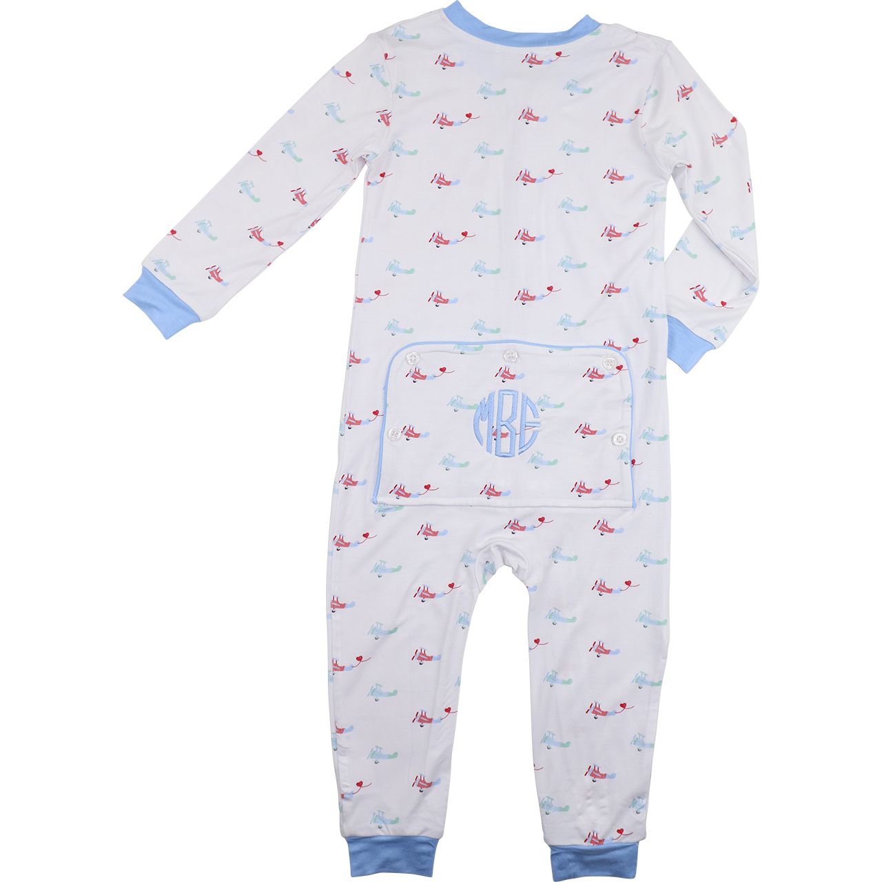 Boys bamboo zipper pajamas with red and blue airplane print, light blue cuffs, and blue round monogram on back flap, size 0-3M.