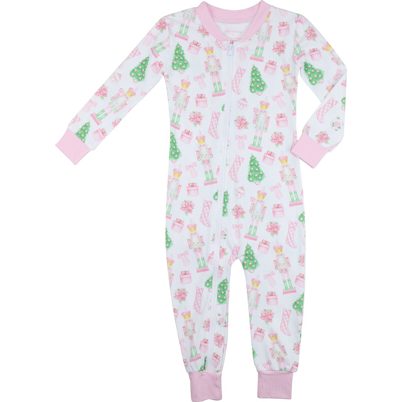 Pink Knit Gingham Holiday Print Zipper Pajamas