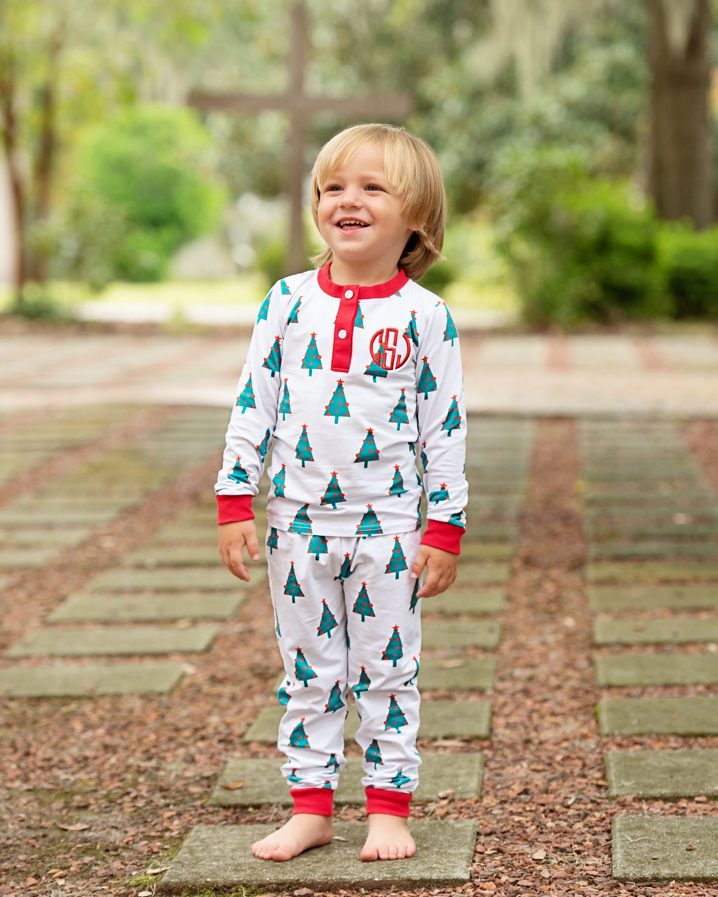 Green And Red Christmas Tree Print Knit Pajamas