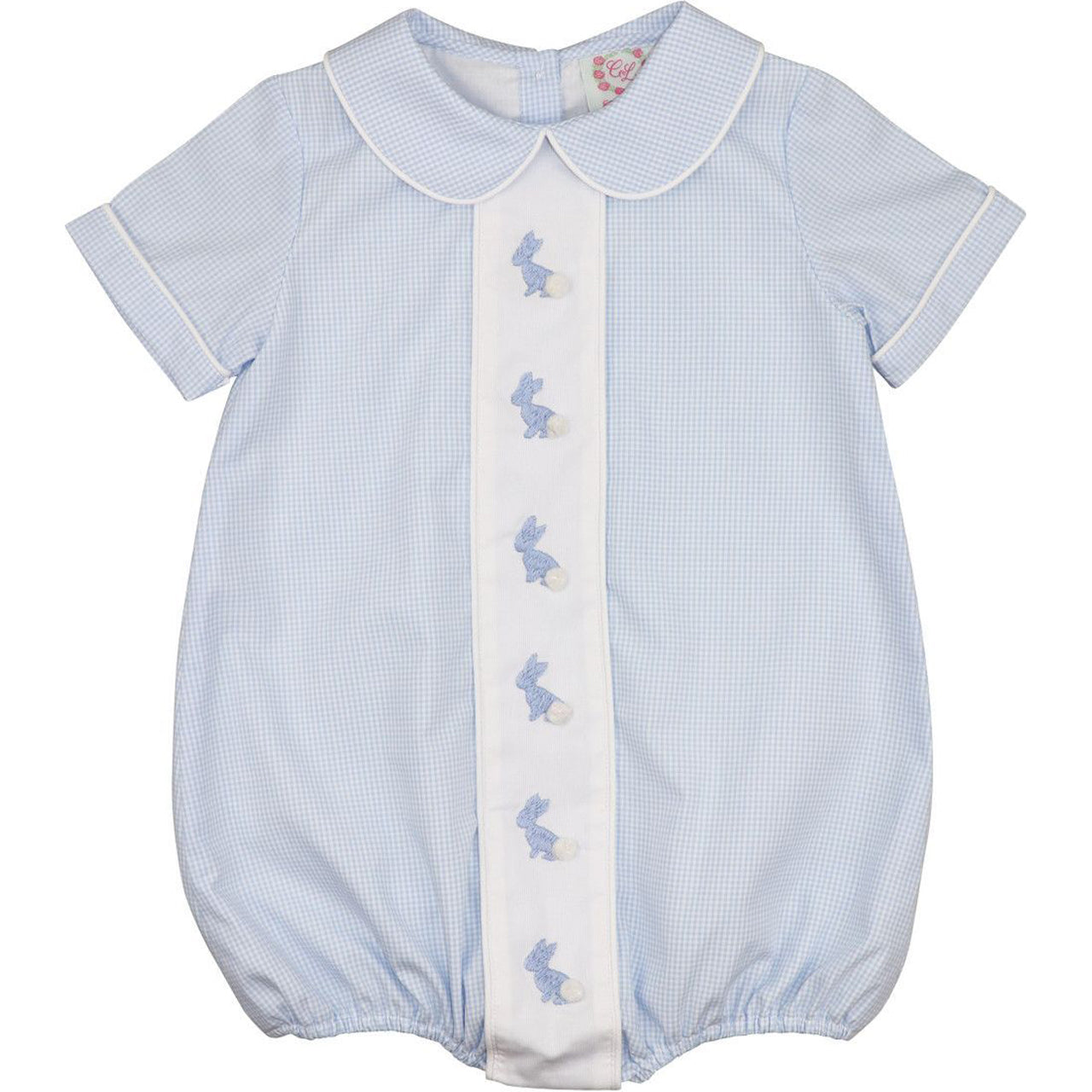 Baby bubble with blue check pattern and embroidered bunnies on a white background