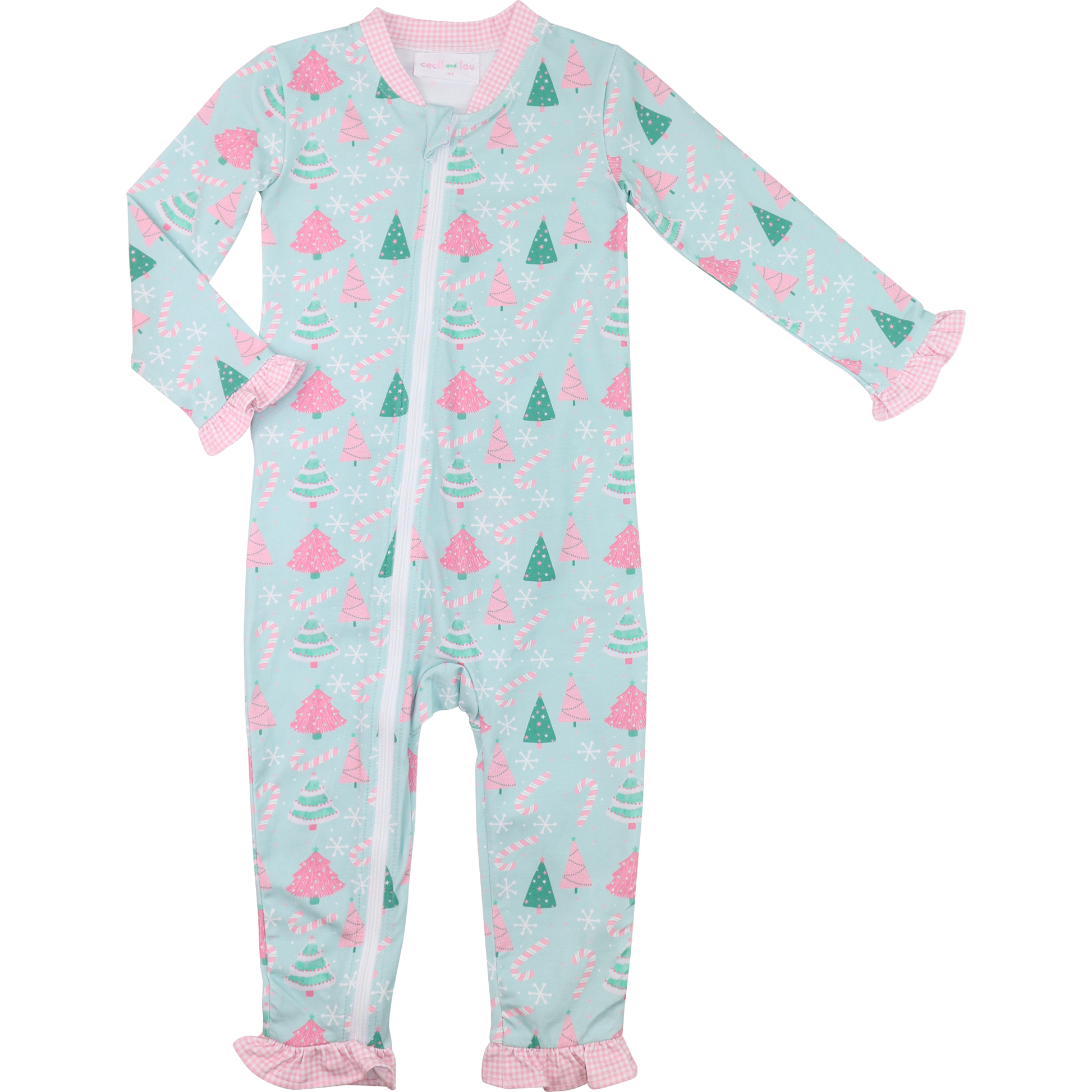 Baby onesie with Christmas tree pattern on a light blue background