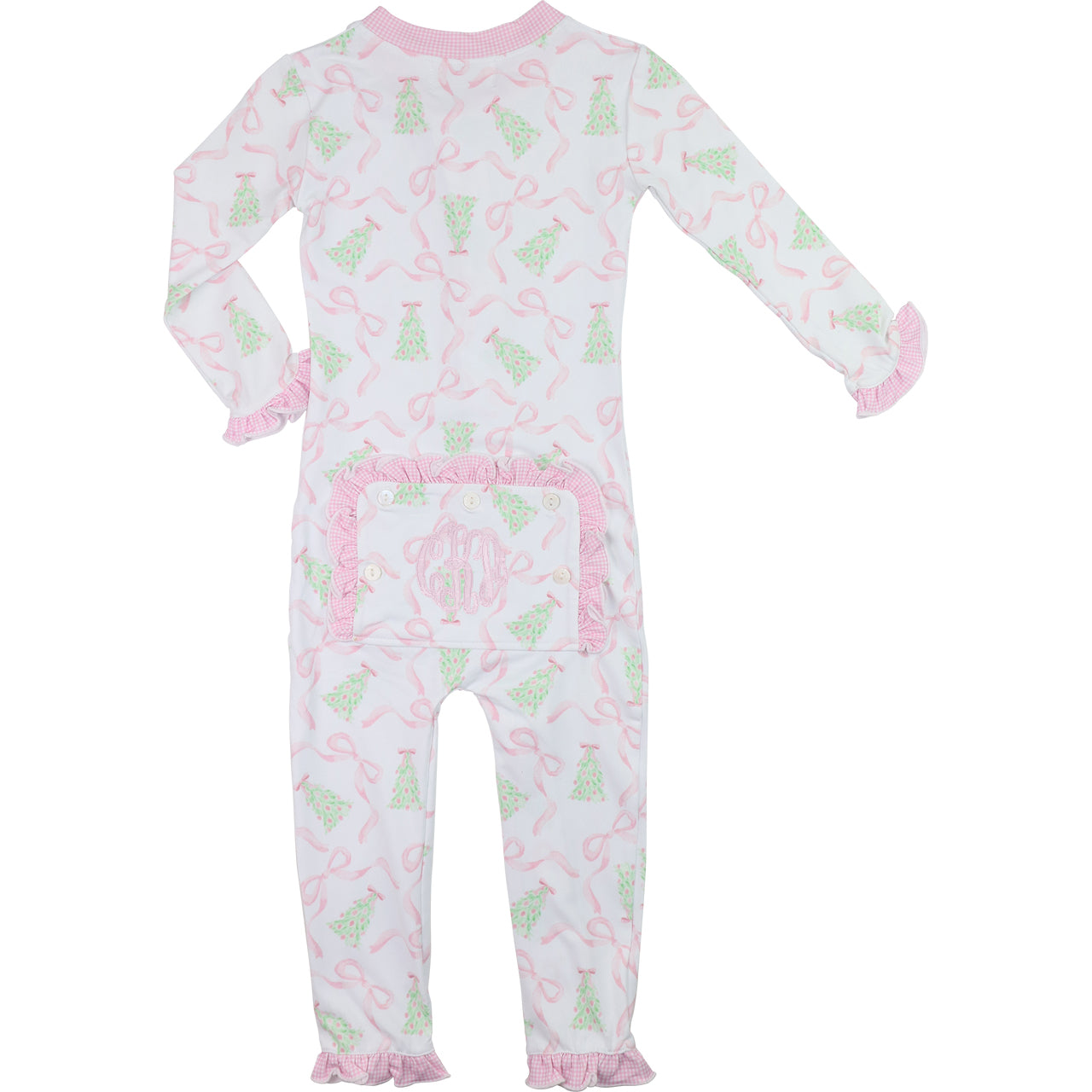 Baby onesie with pink and green floral pattern on a white background