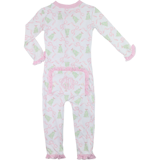 Baby onesie with pink and green floral pattern on a white background