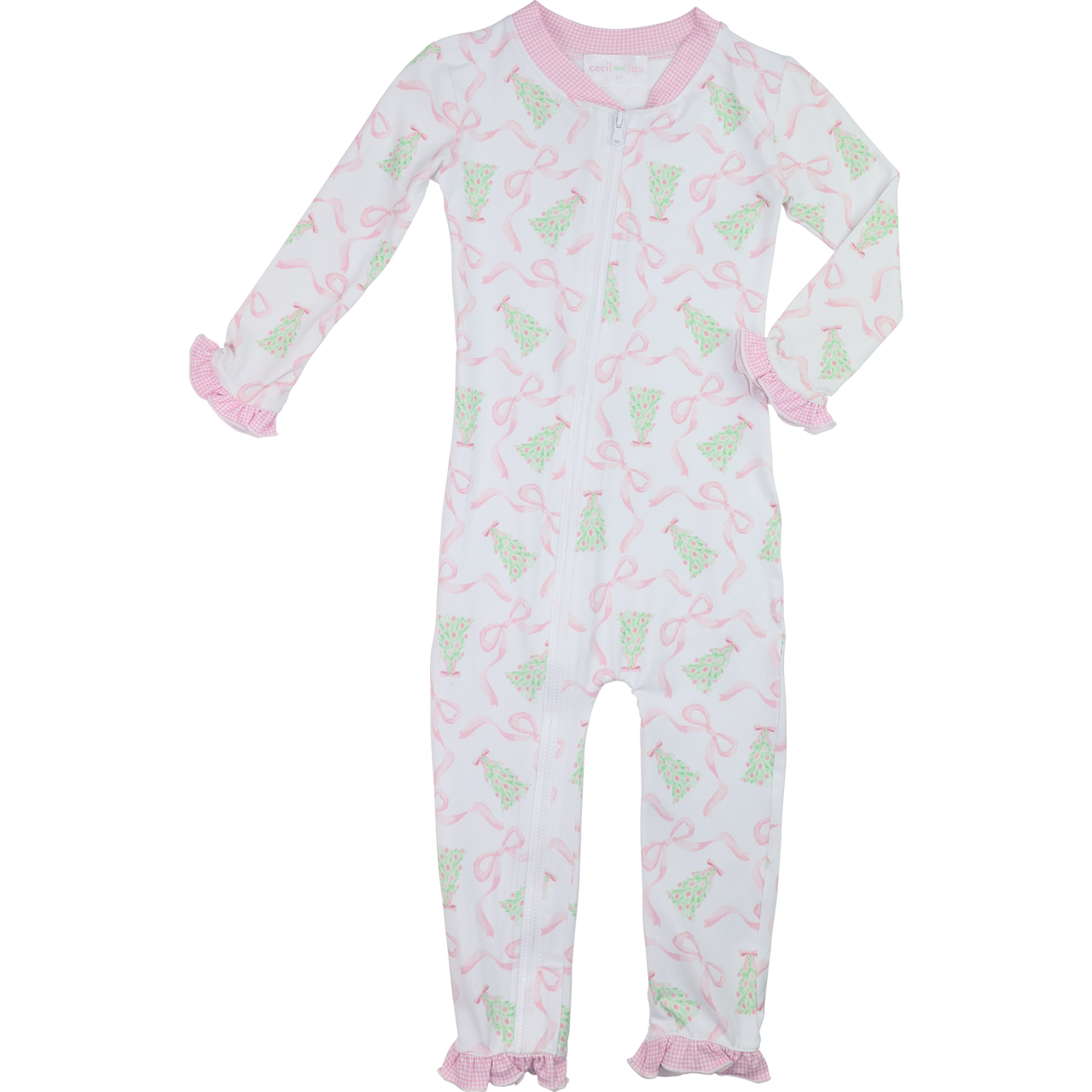 Baby onesie with pink and green pattern on a white background
