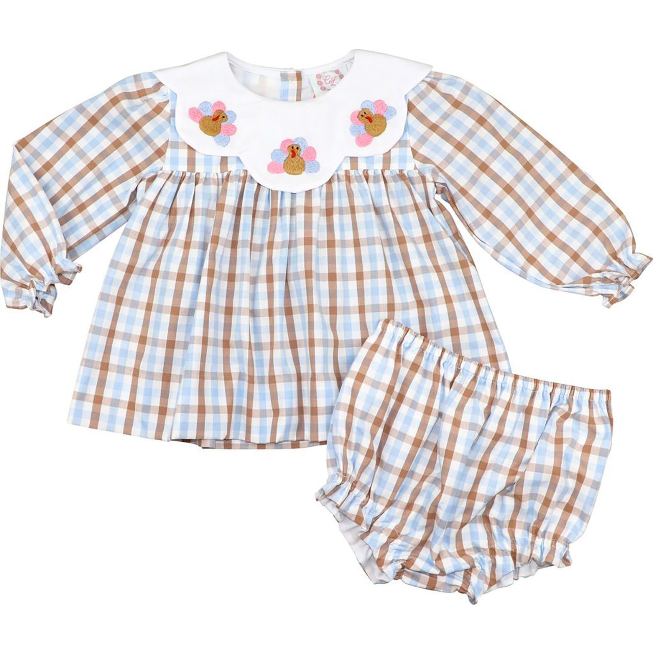 Blue And Brown Check Embroidered Turkeys Diaper Set
