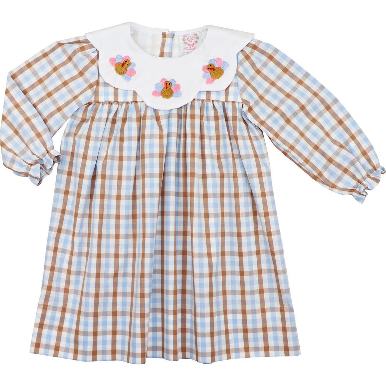 Blue And Brown Check Embroidered Turkeys Dress