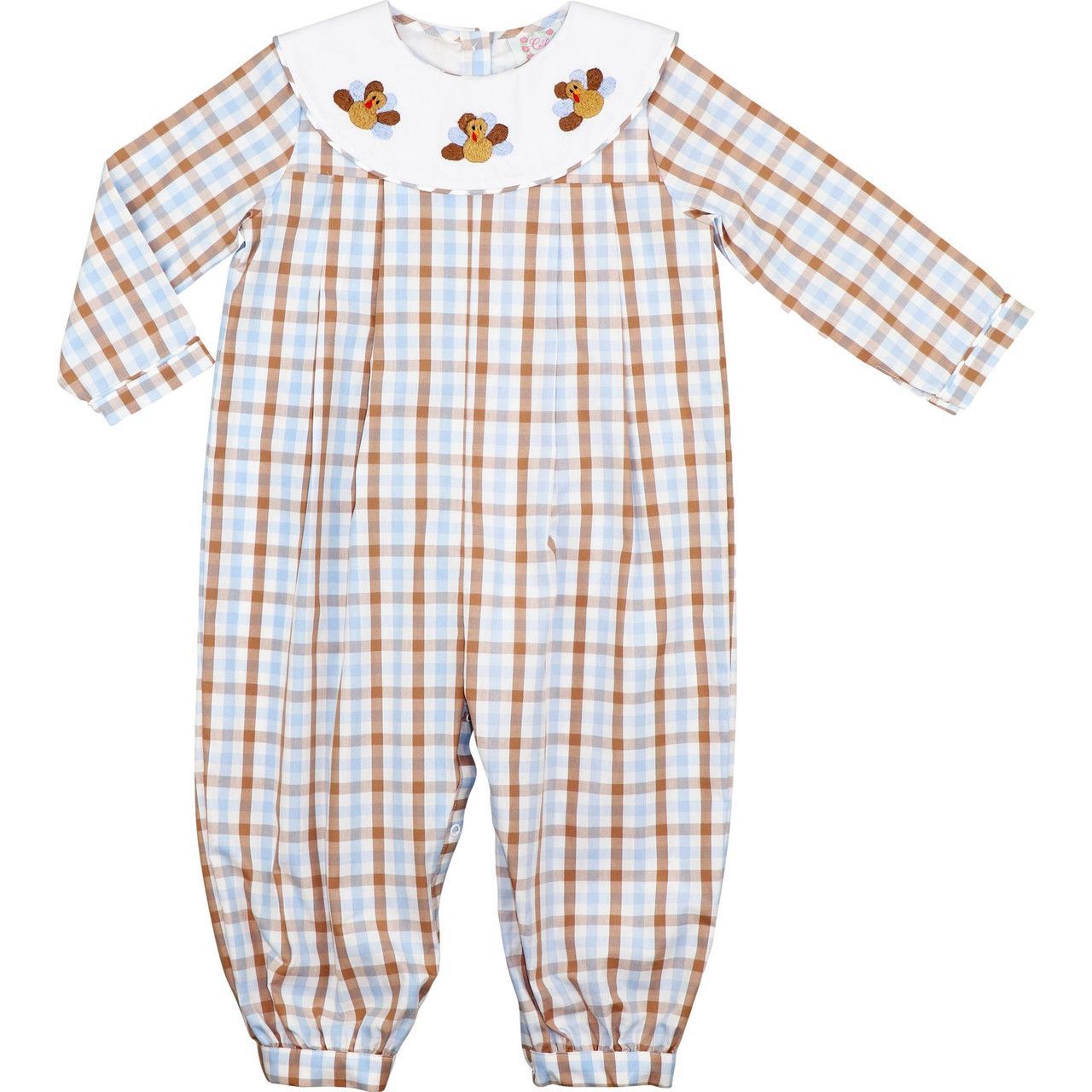 Blue And Brown Check Embroidered Turkeys Long Romper