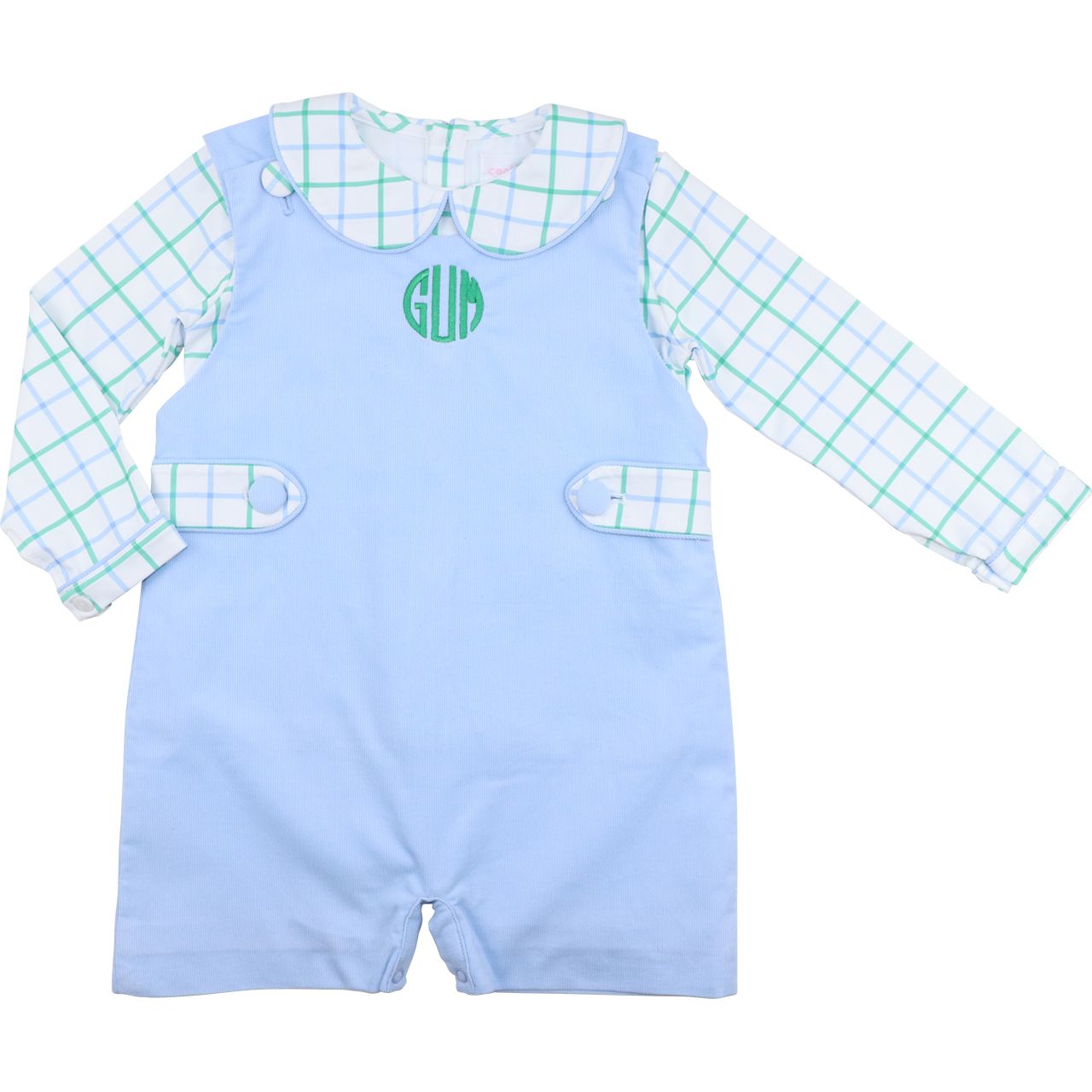 Blue And Green Windowpane Corduroy Short Romper Set