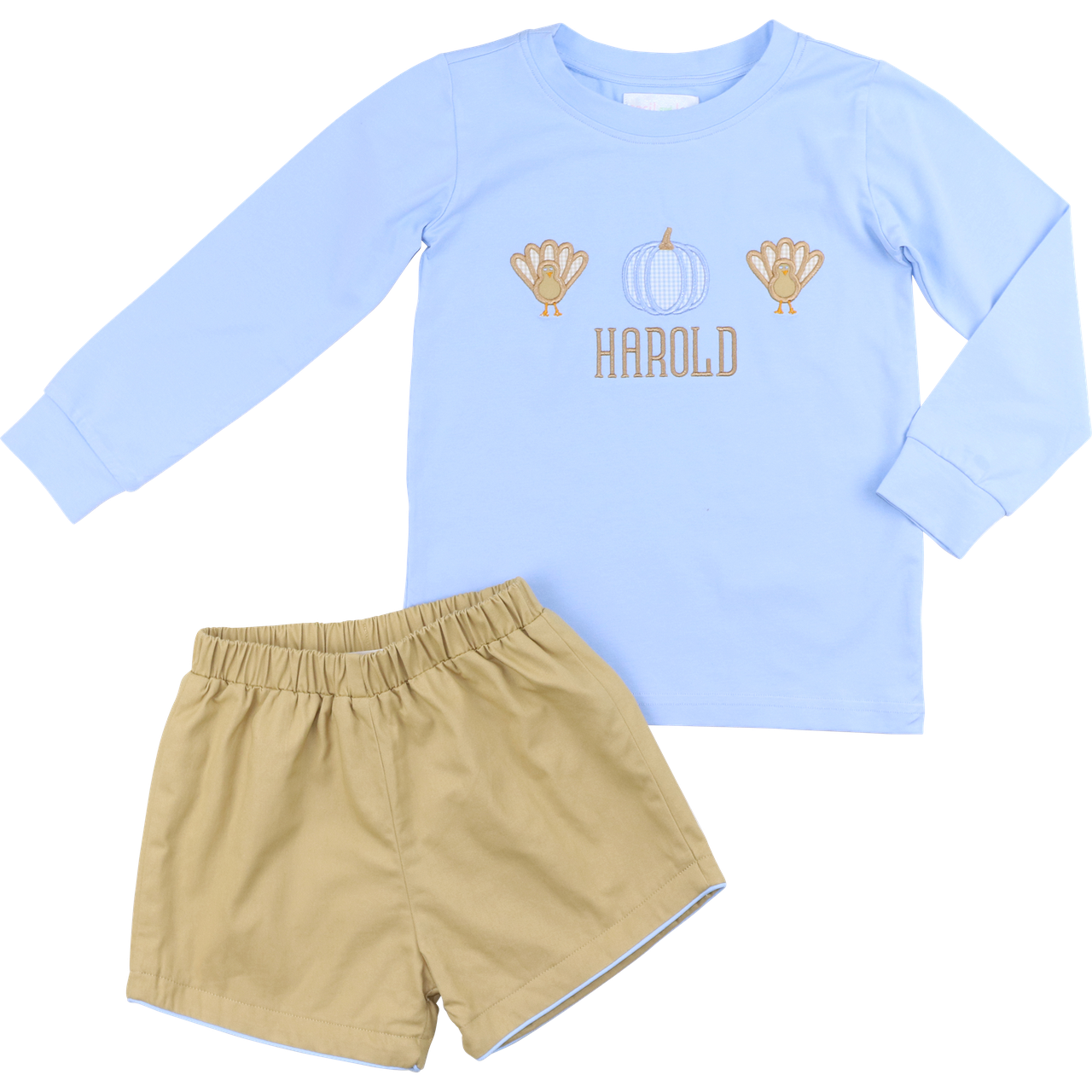 Blue And Khaki Applique Turkey And Pumpkin Short Set