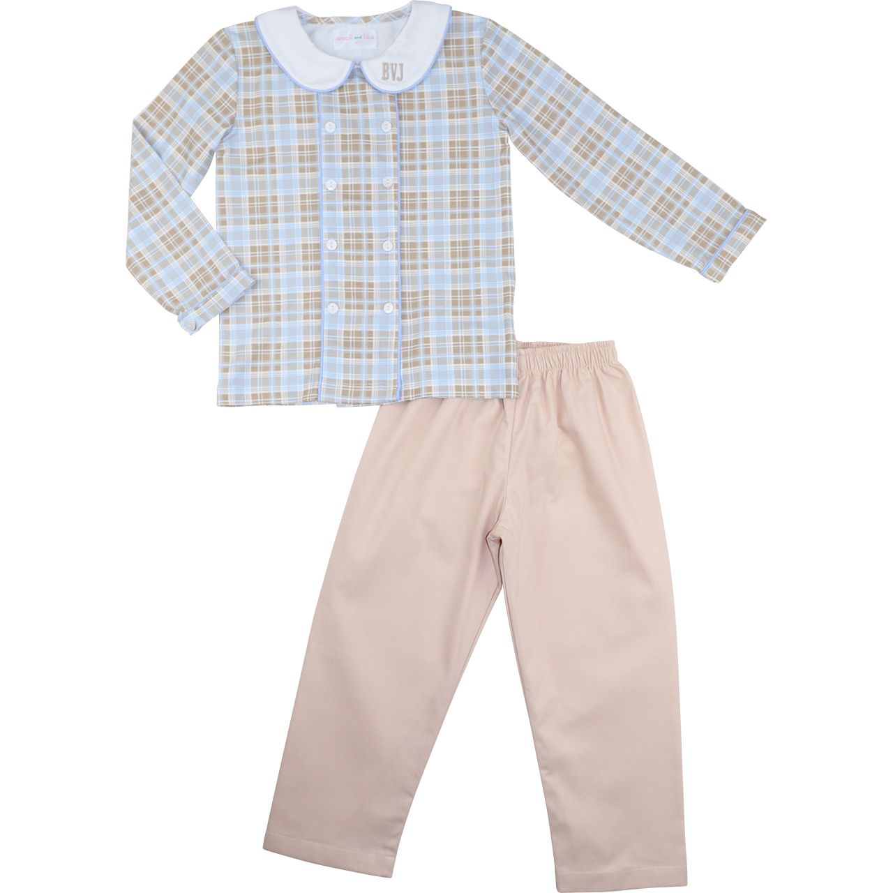 Blue And Khaki Plaid Pant Set