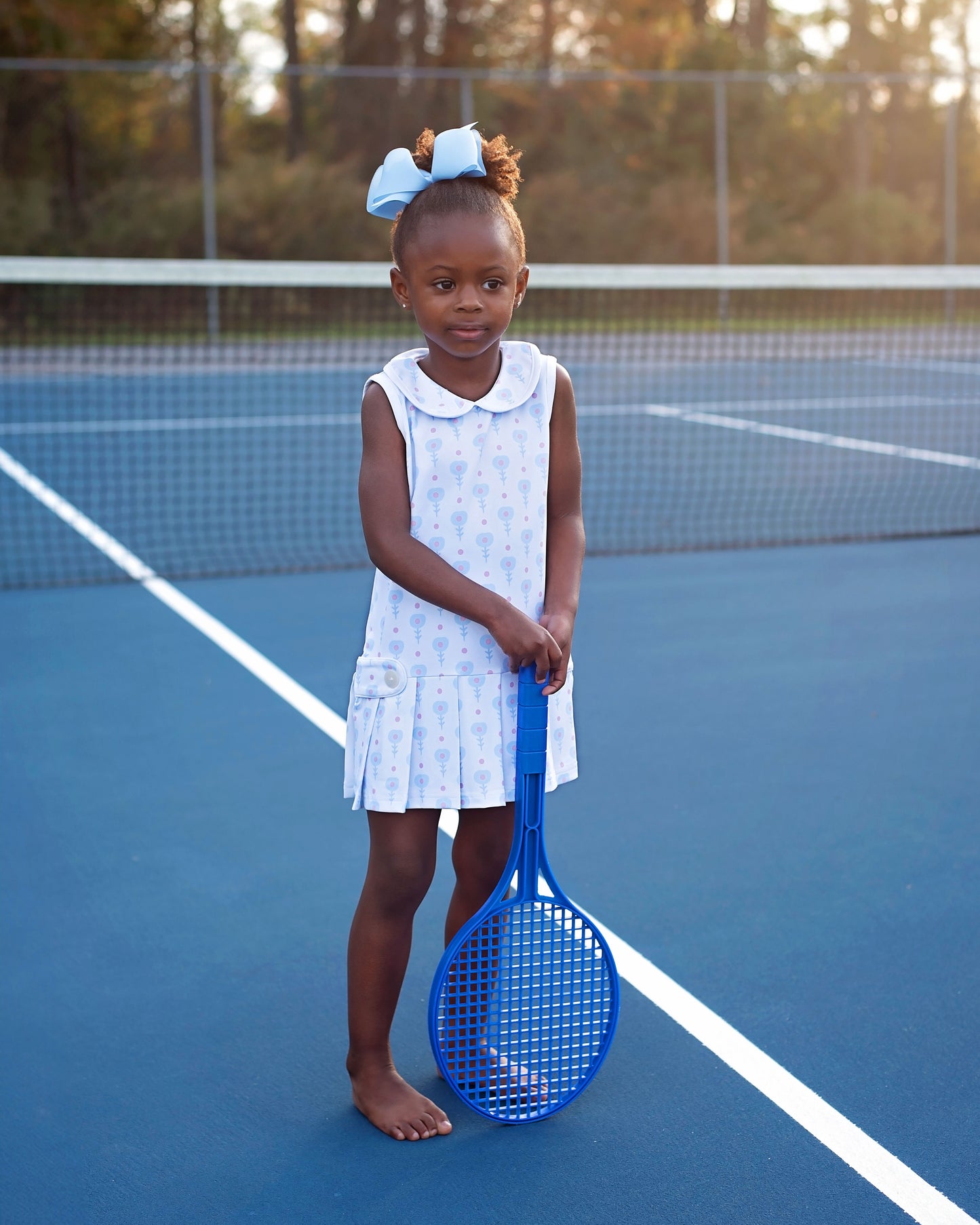 Blue And Pink Floral Lycra Tennis Dress