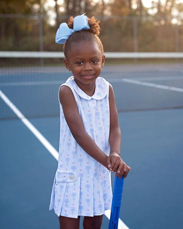 Blue And Pink Floral Lycra Tennis Dress