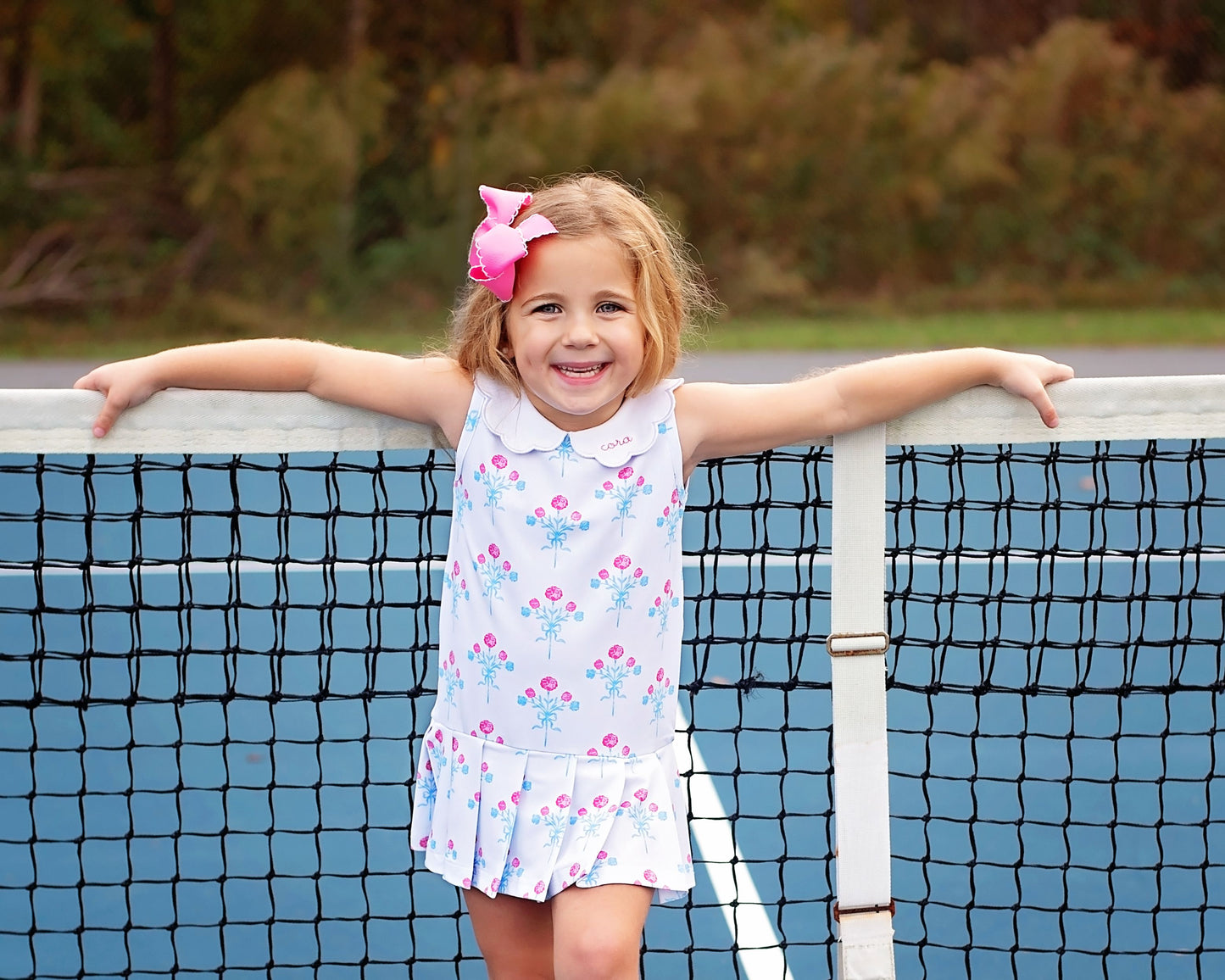 Blue And Pink Bouquet Lycra Tennis Dress