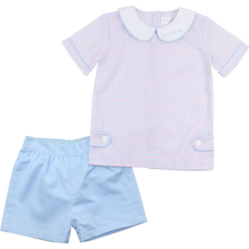 Blue And Pink Windowpane Short Set