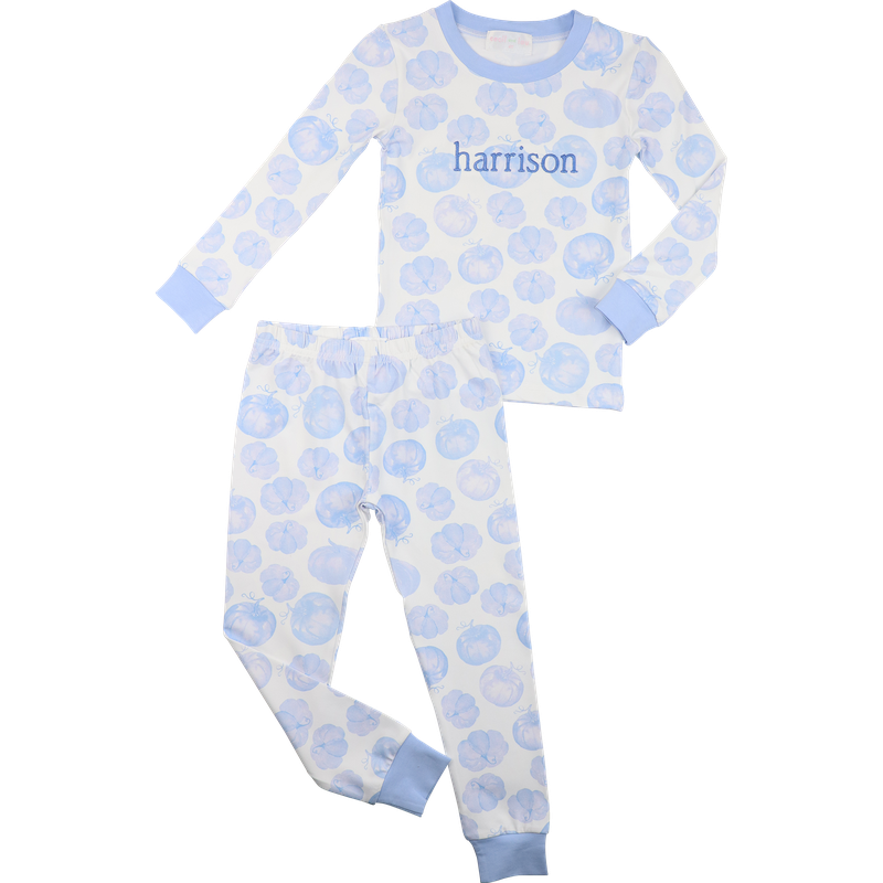 Blue and white knit pumpkin pajamas