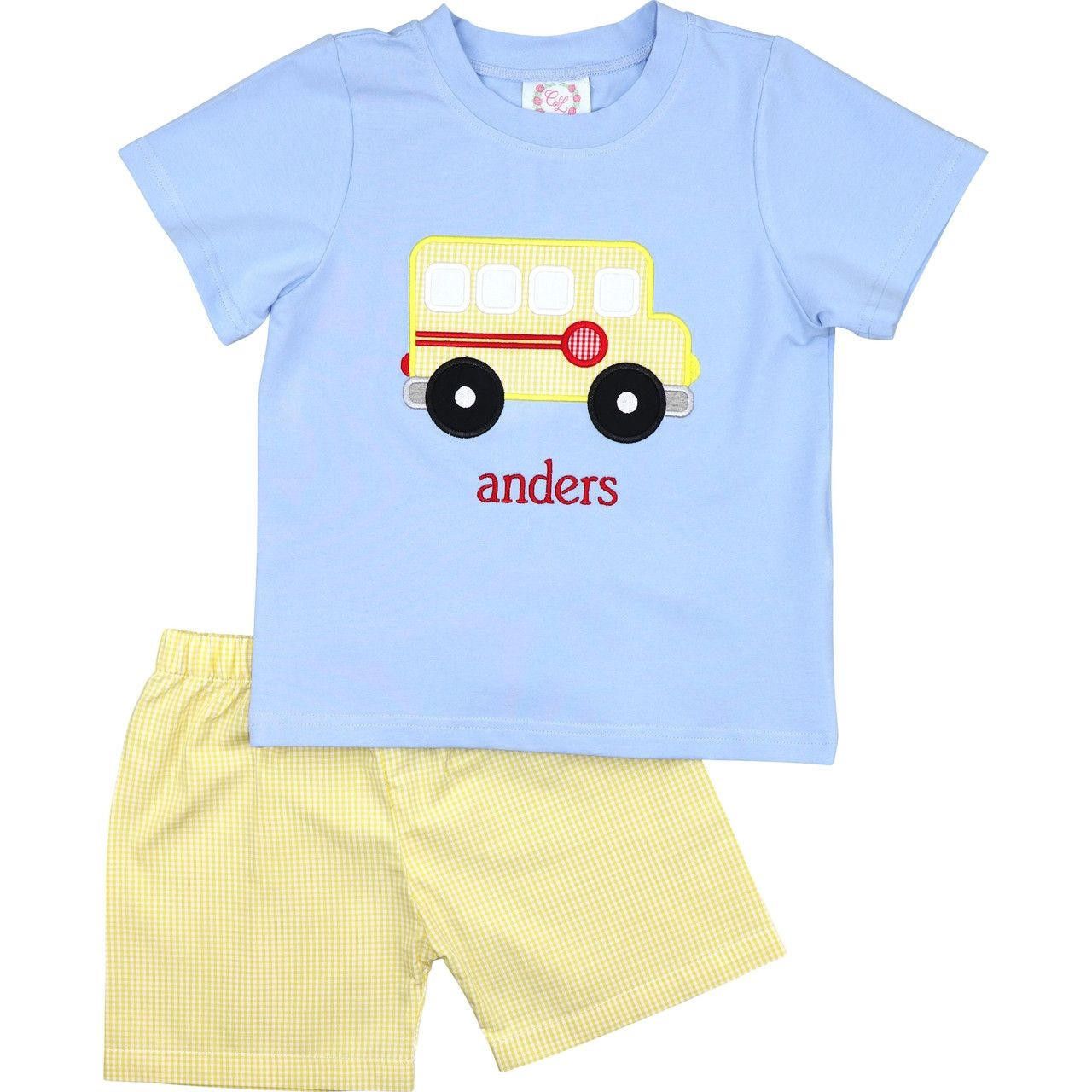 Blue And Yellow Gingham Applique School Bus Short Set