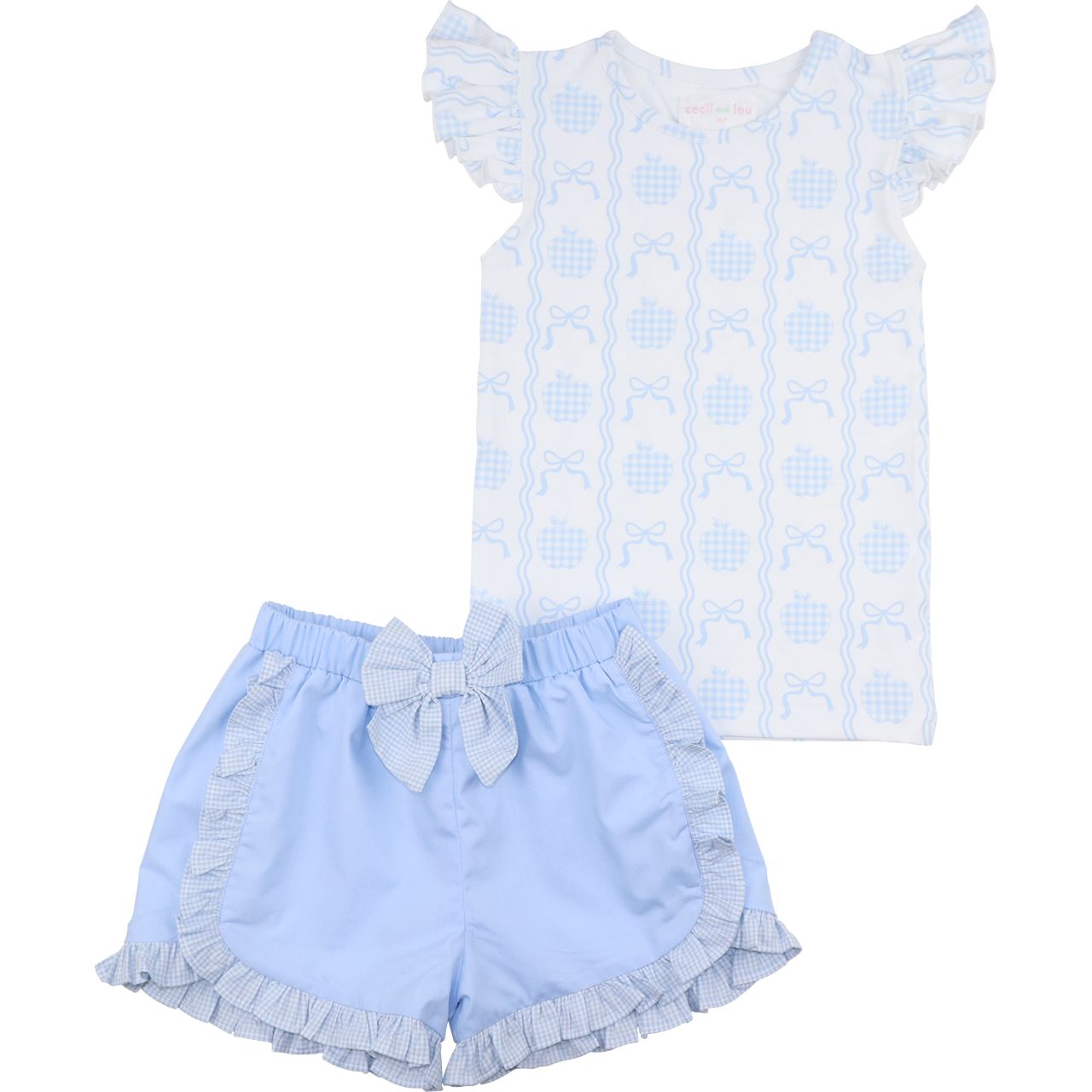 Blue Apple And Bow Short Set