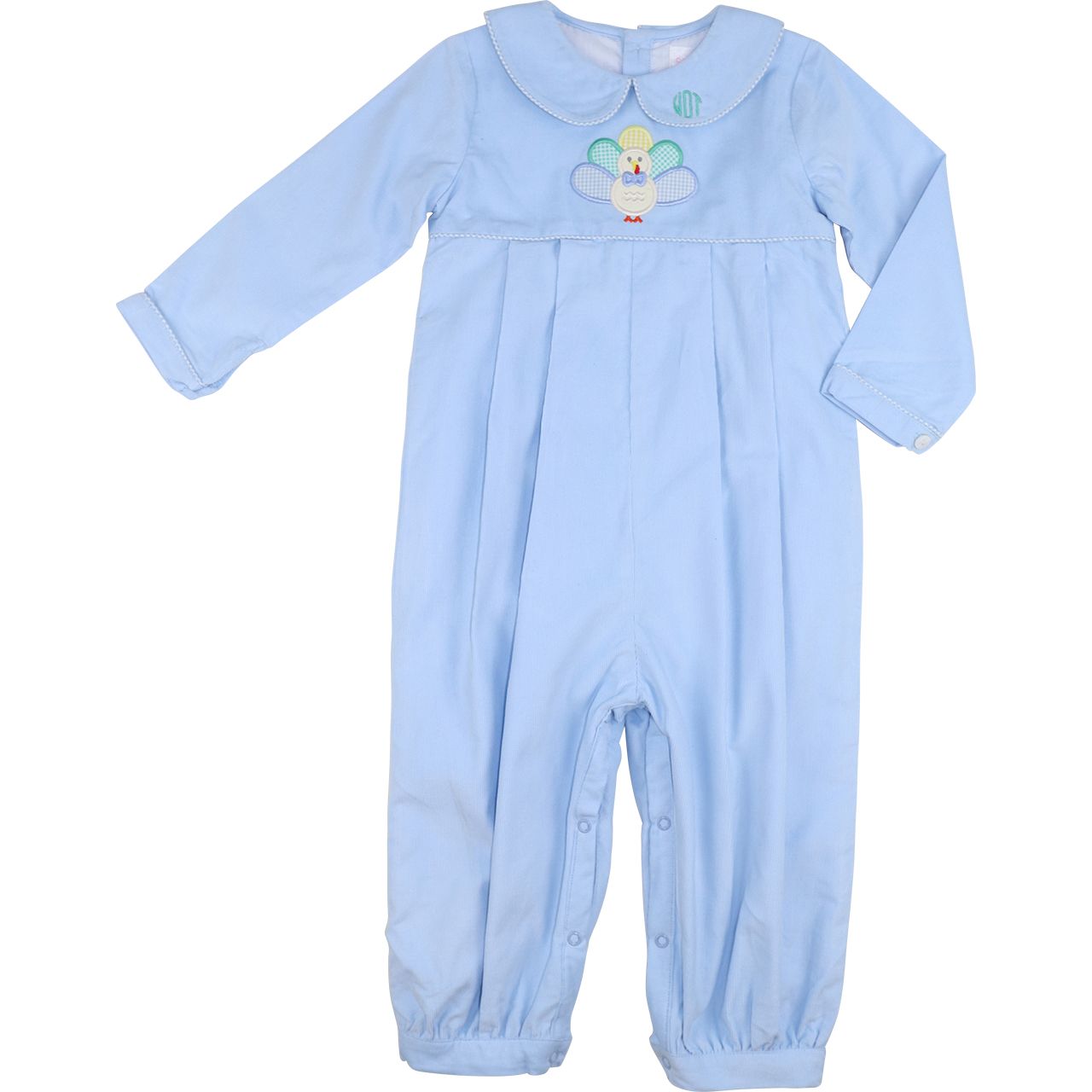 Blue long romper with a turkey with a white background